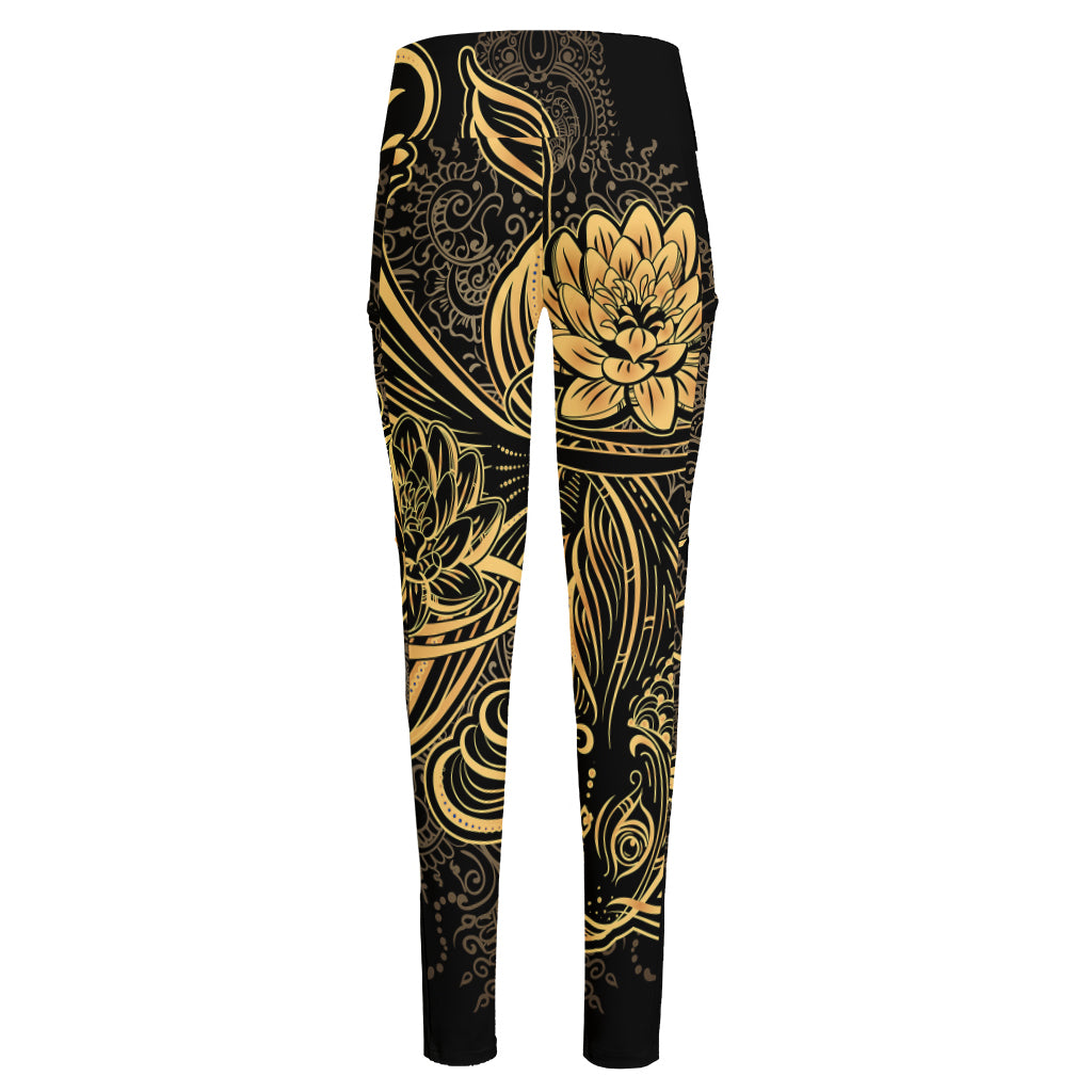 Golden Spiritual Koi Carp Print High-Waisted Pocket Leggings