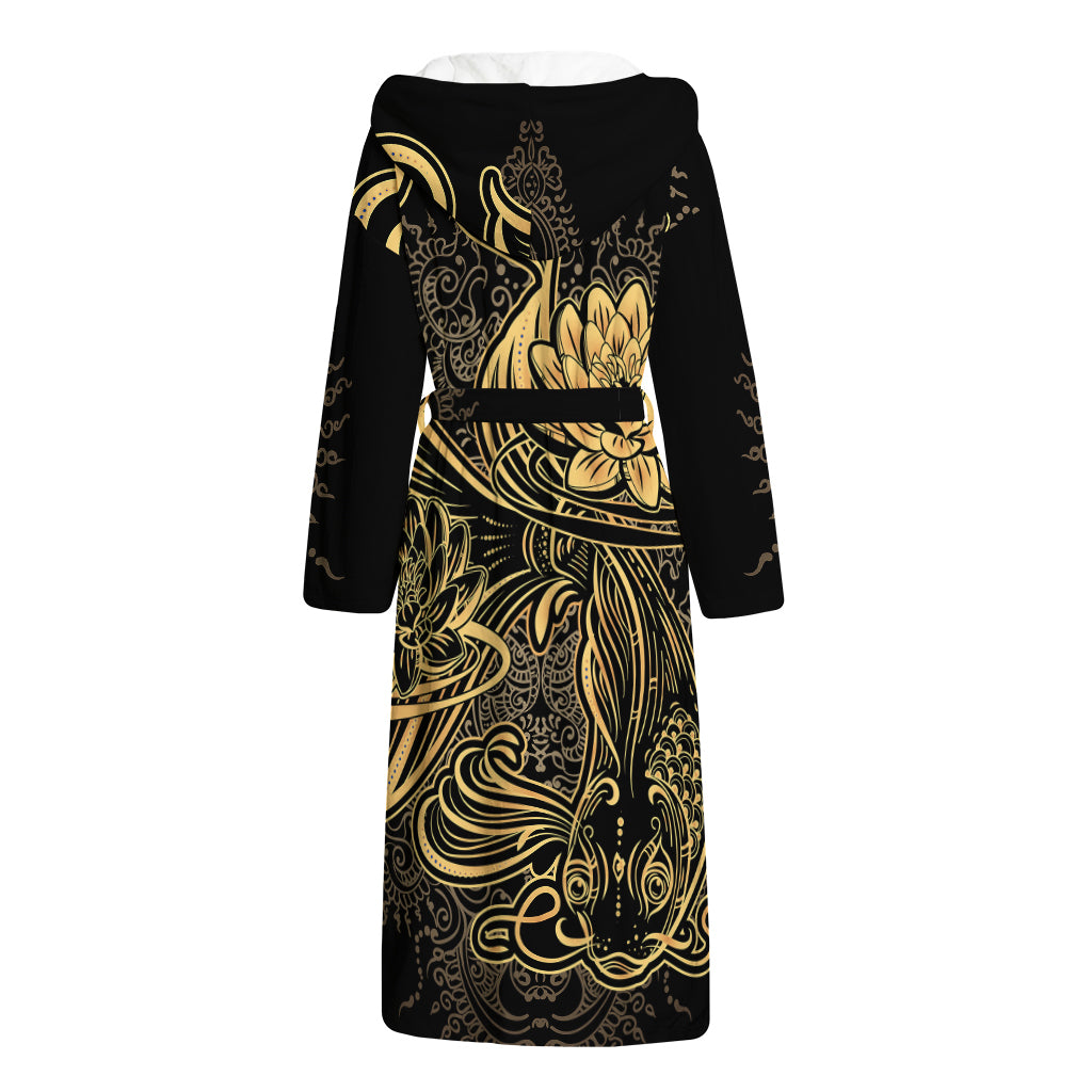 Golden Spiritual Koi Carp Print Hooded Bathrobe