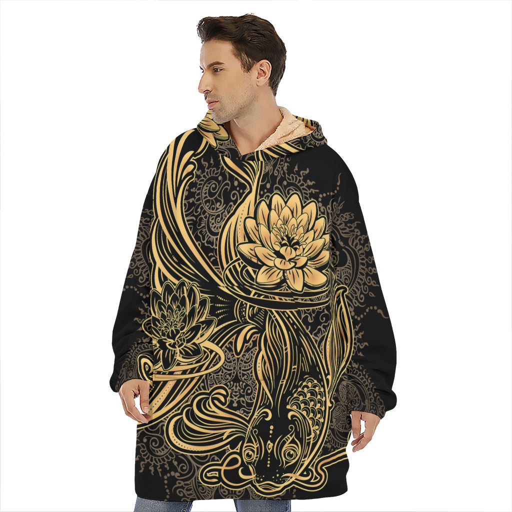 Golden Spiritual Koi Carp Print Hoodie Blanket