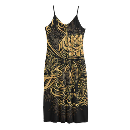 Golden Spiritual Koi Carp Print Jersey Midi Cami Dress