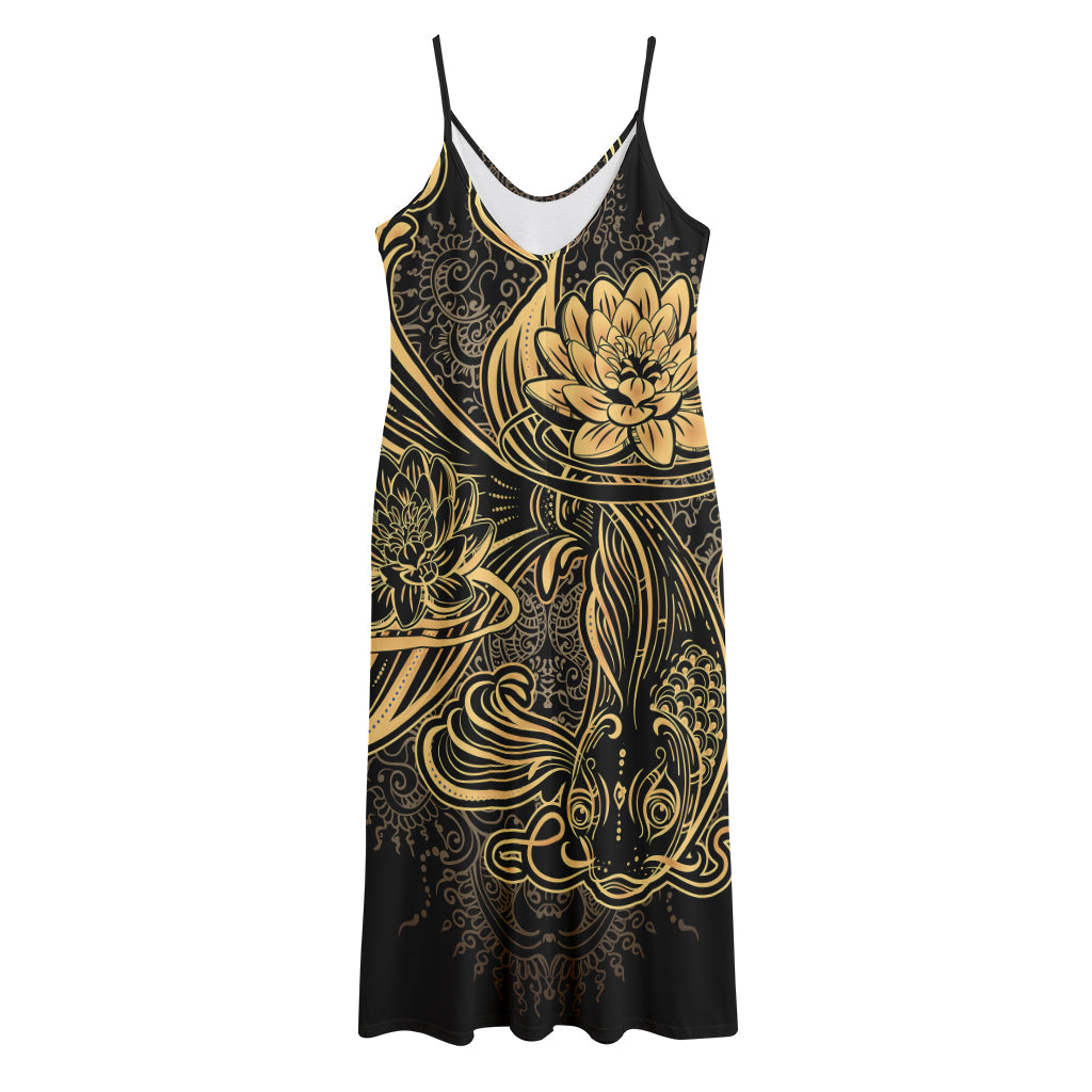 Golden Spiritual Koi Carp Print Jersey Midi Cami Dress