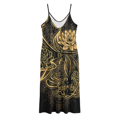 Golden Spiritual Koi Carp Print Jersey Midi Cami Dress