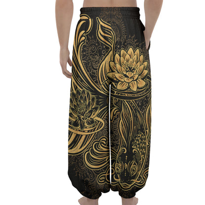 Golden Spiritual Koi Carp Print Lantern Pants