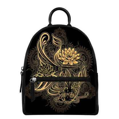 Golden Spiritual Koi Carp Print Leather Backpack