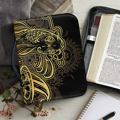 Golden Spiritual Koi Carp Print Leather Bible Cover