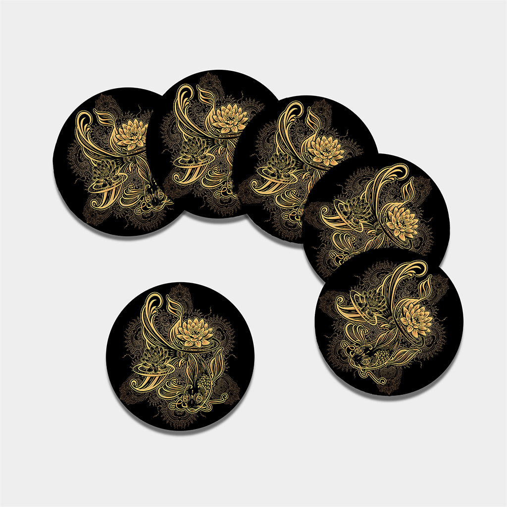 Golden Spiritual Koi Carp Print Leather Coaster Set