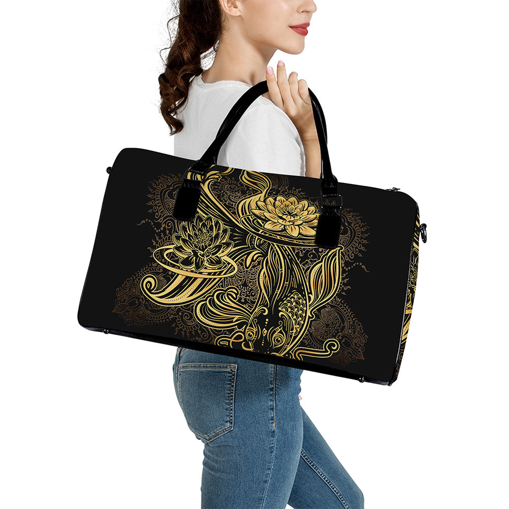 Golden Spiritual Koi Carp Print Leather Duffle Bag