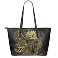 Golden Spiritual Koi Carp Print Leather Tote Bag With Zipper