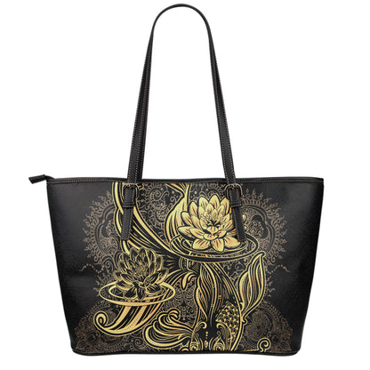 Golden Spiritual Koi Carp Print Leather Tote Bag