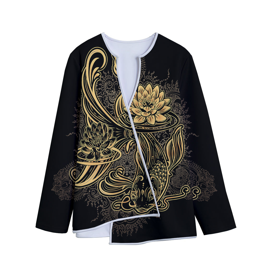 Golden Spiritual Koi Carp Print Long Sleeve Short Coat