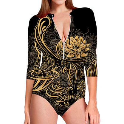 Golden Spiritual Koi Carp Print Long Sleeve Swimsuit