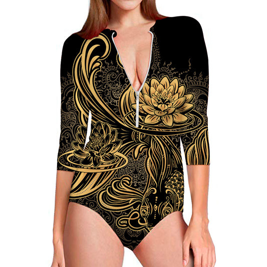 Golden Spiritual Koi Carp Print Long Sleeve Swimsuit