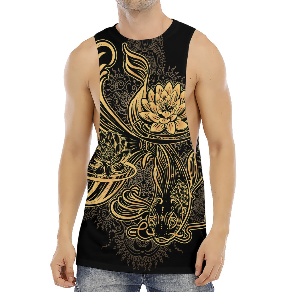 Golden Spiritual Koi Carp Print Men's Muscle Tank Top
