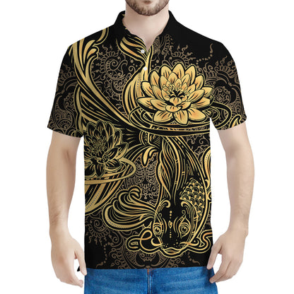 Golden Spiritual Koi Carp Print Men's Polo Shirt