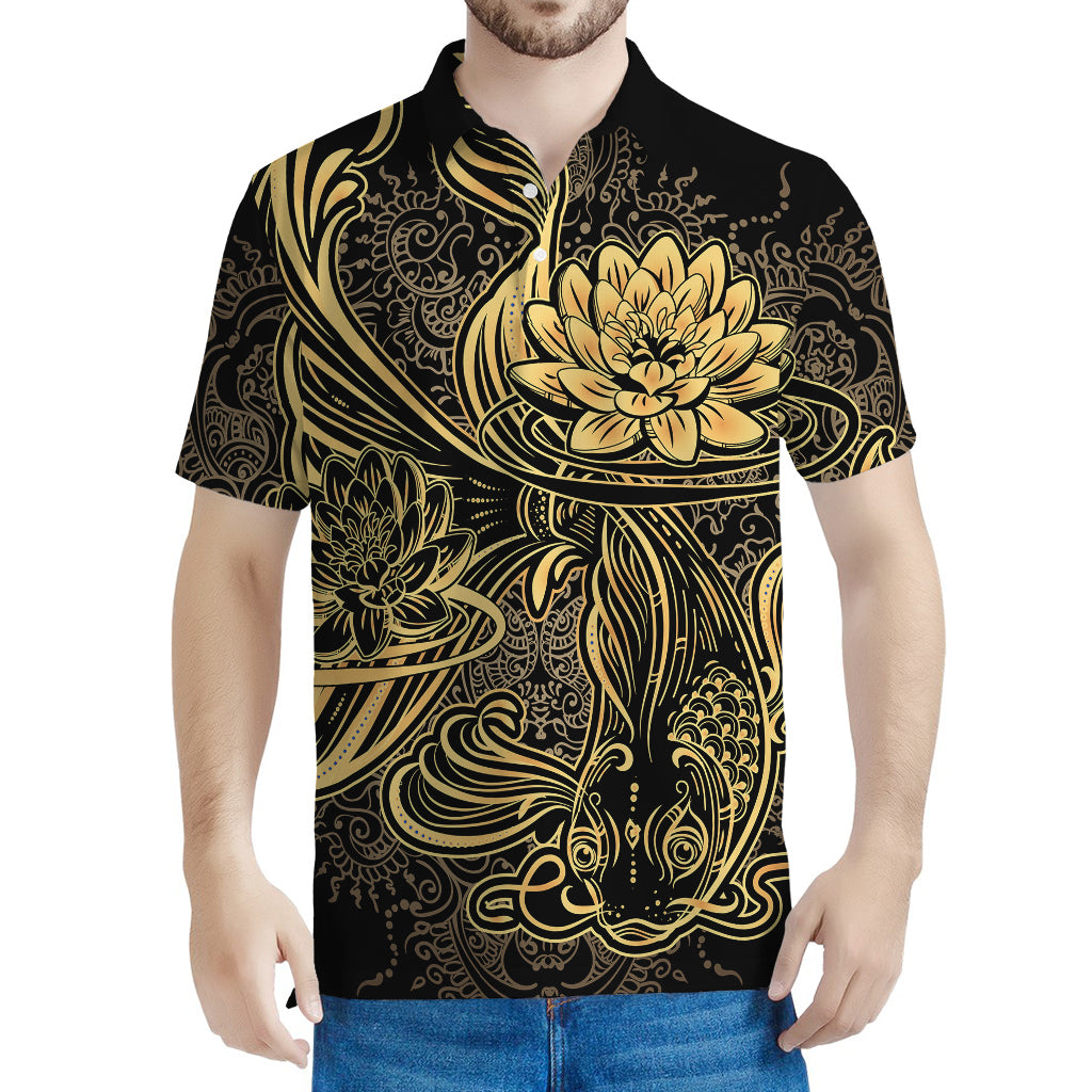 Golden Spiritual Koi Carp Print Men's Polo Shirt