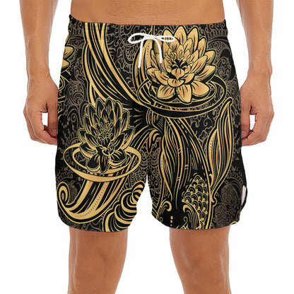Golden Spiritual Koi Carp Print Men's Split Running Shorts