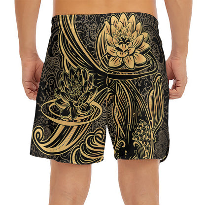 Golden Spiritual Koi Carp Print Men's Split Running Shorts
