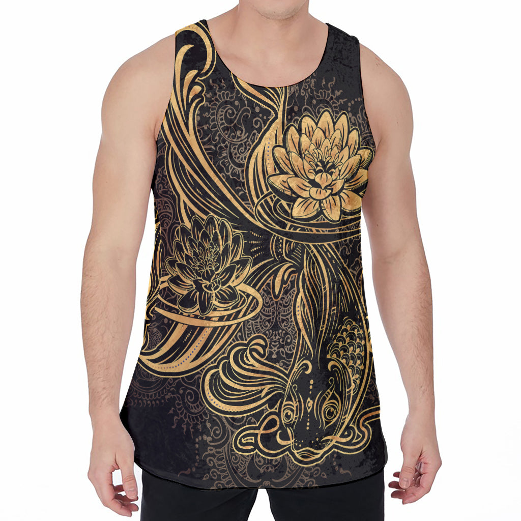 Golden Spiritual Koi Carp Print Men's Velvet Tank Top