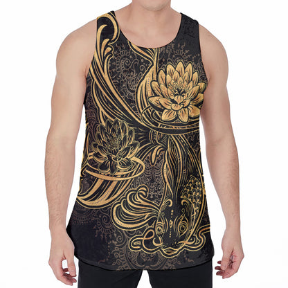 Golden Spiritual Koi Carp Print Men's Velvet Tank Top