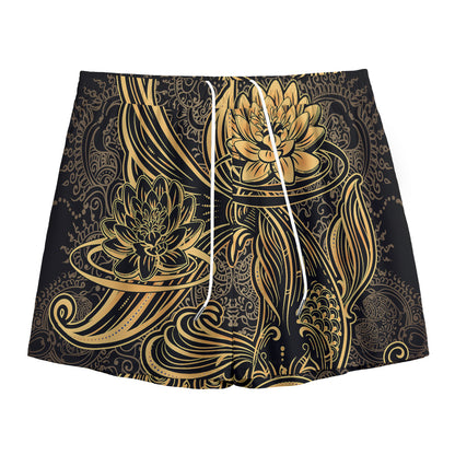 Golden Spiritual Koi Carp Print Mesh Shorts