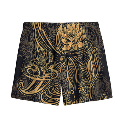 Golden Spiritual Koi Carp Print Mesh Shorts