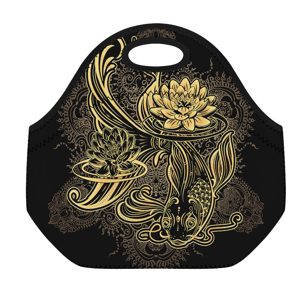 Golden Spiritual Koi Carp Print Neoprene Lunch Bag