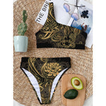 Golden Spiritual Koi Carp Print One Shoulder Bikini Top