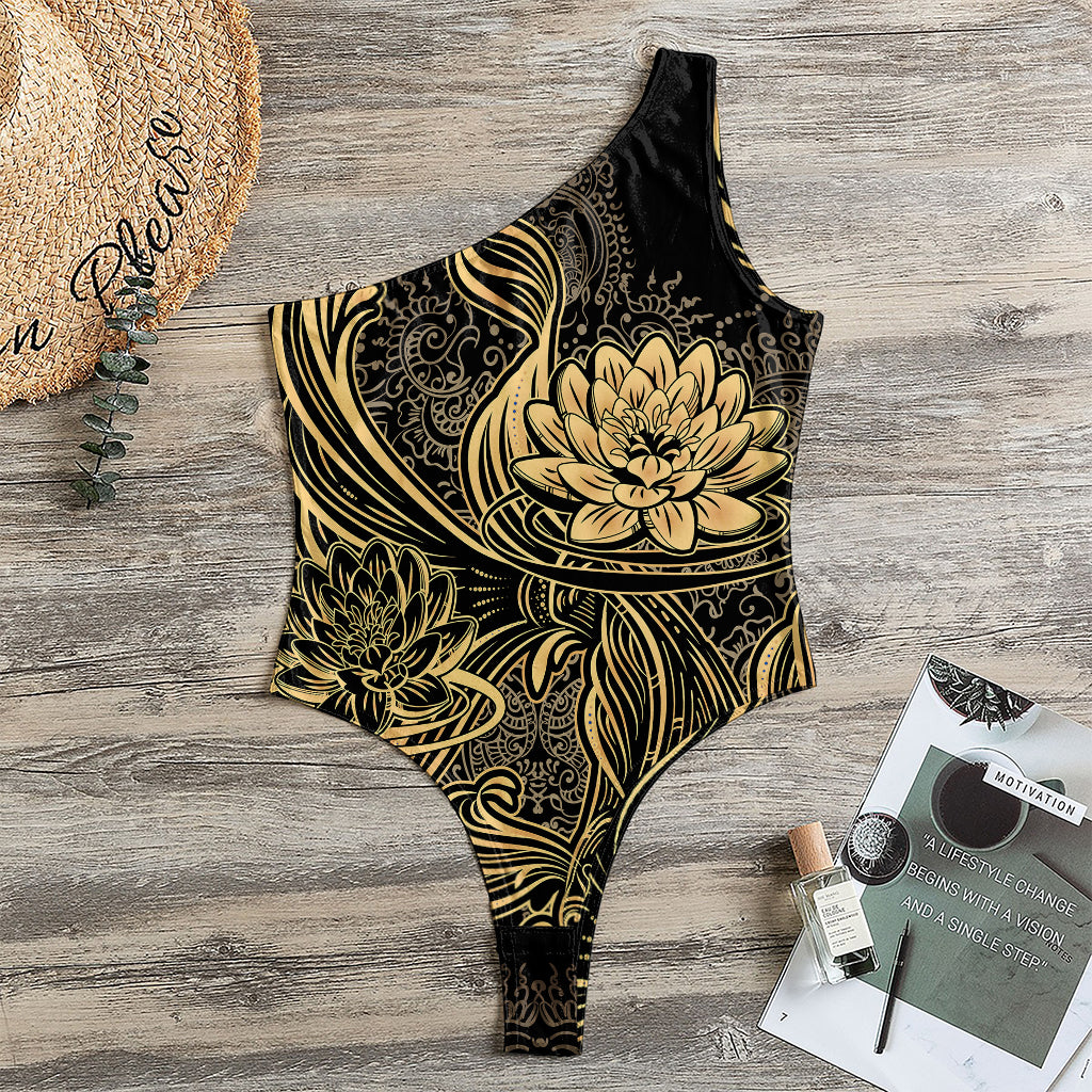 Golden Spiritual Koi Carp Print One Shoulder Bodysuit