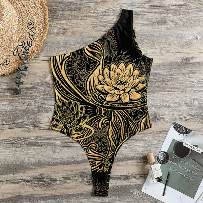 Golden Spiritual Koi Carp Print One Shoulder Bodysuit