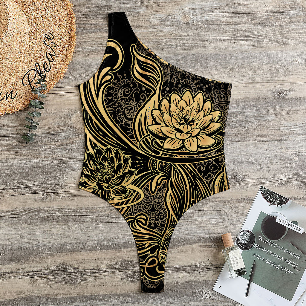 Golden Spiritual Koi Carp Print One Shoulder Bodysuit