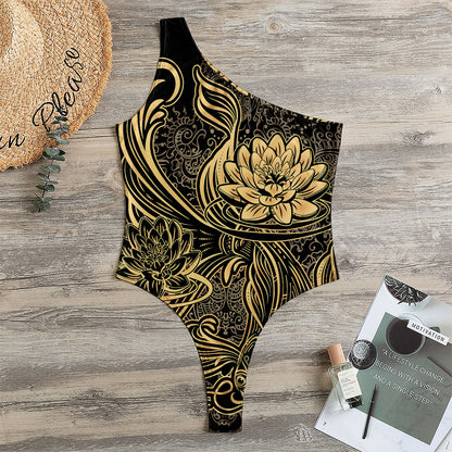 Golden Spiritual Koi Carp Print One Shoulder Bodysuit