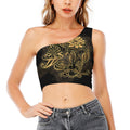 Golden Spiritual Koi Carp Print One Shoulder Crop Top