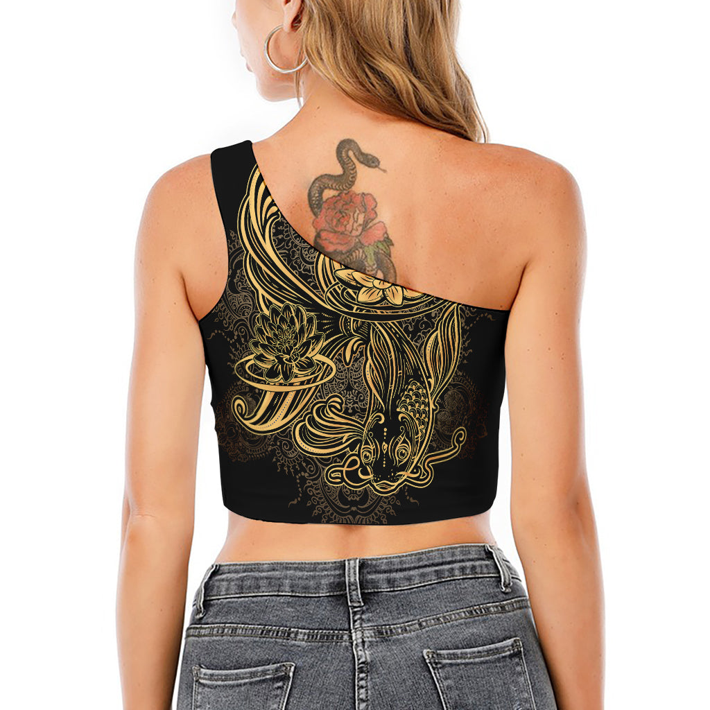 Golden Spiritual Koi Carp Print One Shoulder Crop Top