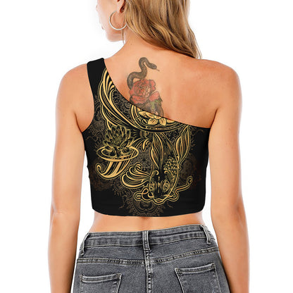 Golden Spiritual Koi Carp Print One Shoulder Crop Top