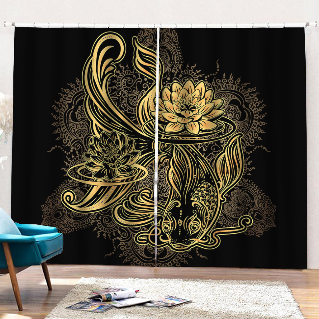 Golden Spiritual Koi Carp Print Pencil Pleat Curtains