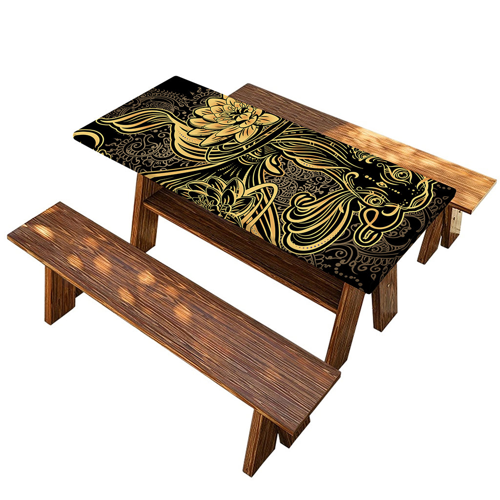 Golden Spiritual Koi Carp Print Picnic Table Cover