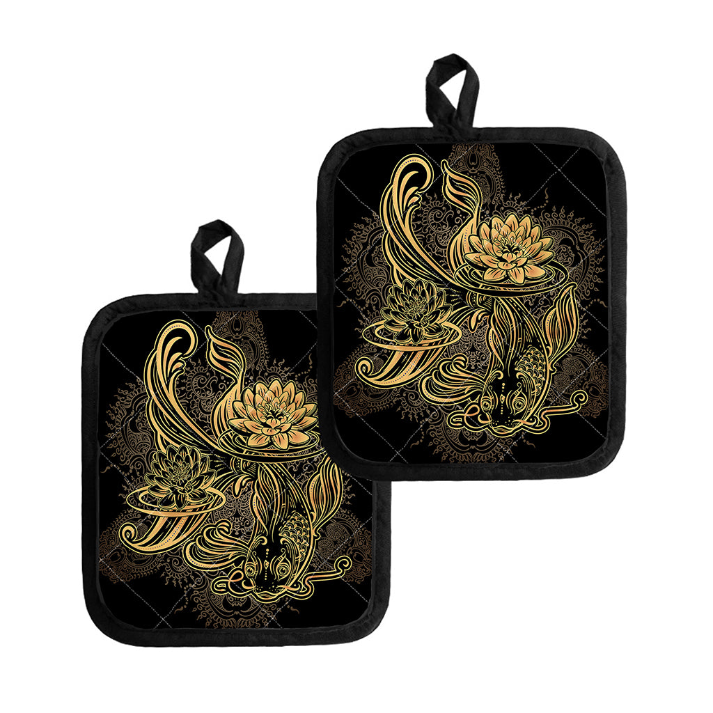 Golden Spiritual Koi Carp Print Pot Holders
