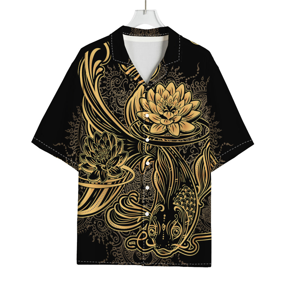 Golden Spiritual Koi Carp Print Rayon Hawaiian Shirt