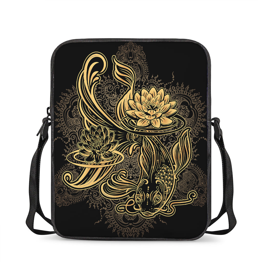 Golden Spiritual Koi Carp Print Rectangular Crossbody Bag
