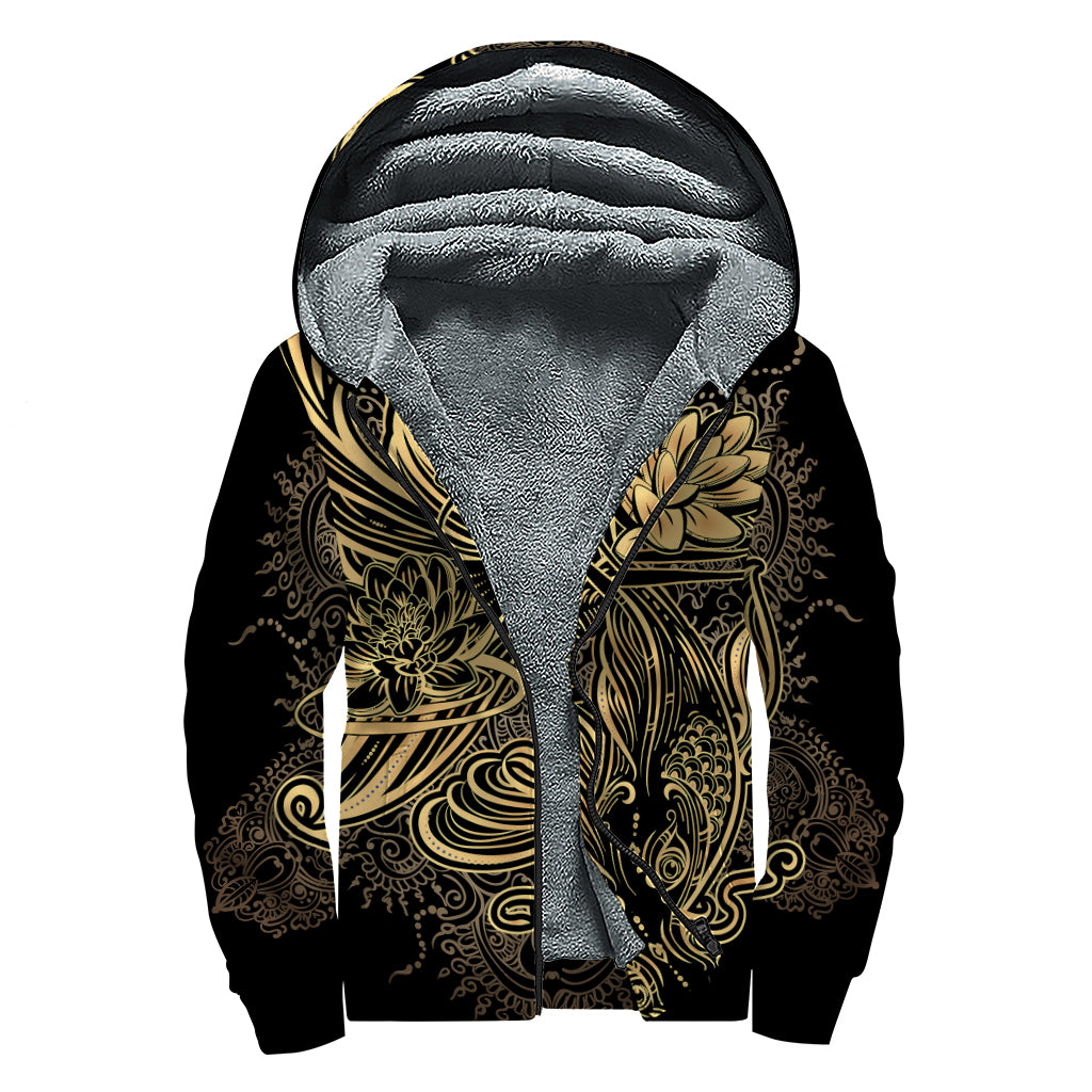 Golden Spiritual Koi Carp Print Sherpa Lined Zip Up Hoodie