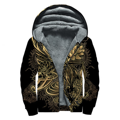 Golden Spiritual Koi Carp Print Sherpa Lined Zip Up Hoodie