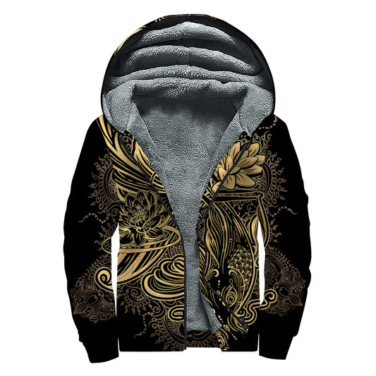 Golden Spiritual Koi Carp Print Sherpa Lined Zip Up Hoodie