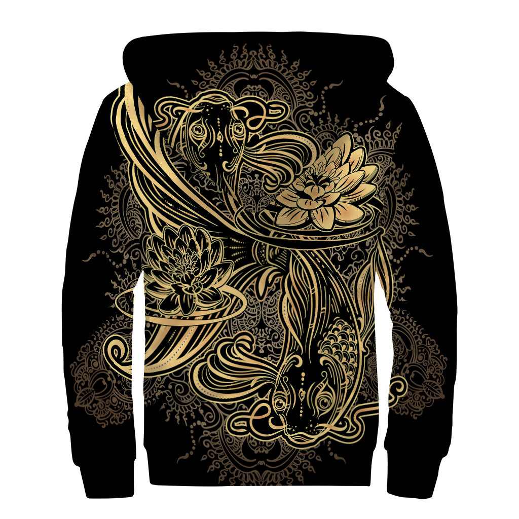 Golden Spiritual Koi Carp Print Sherpa Lined Zip Up Hoodie