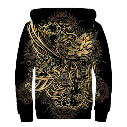 Golden Spiritual Koi Carp Print Sherpa Lined Zip Up Hoodie