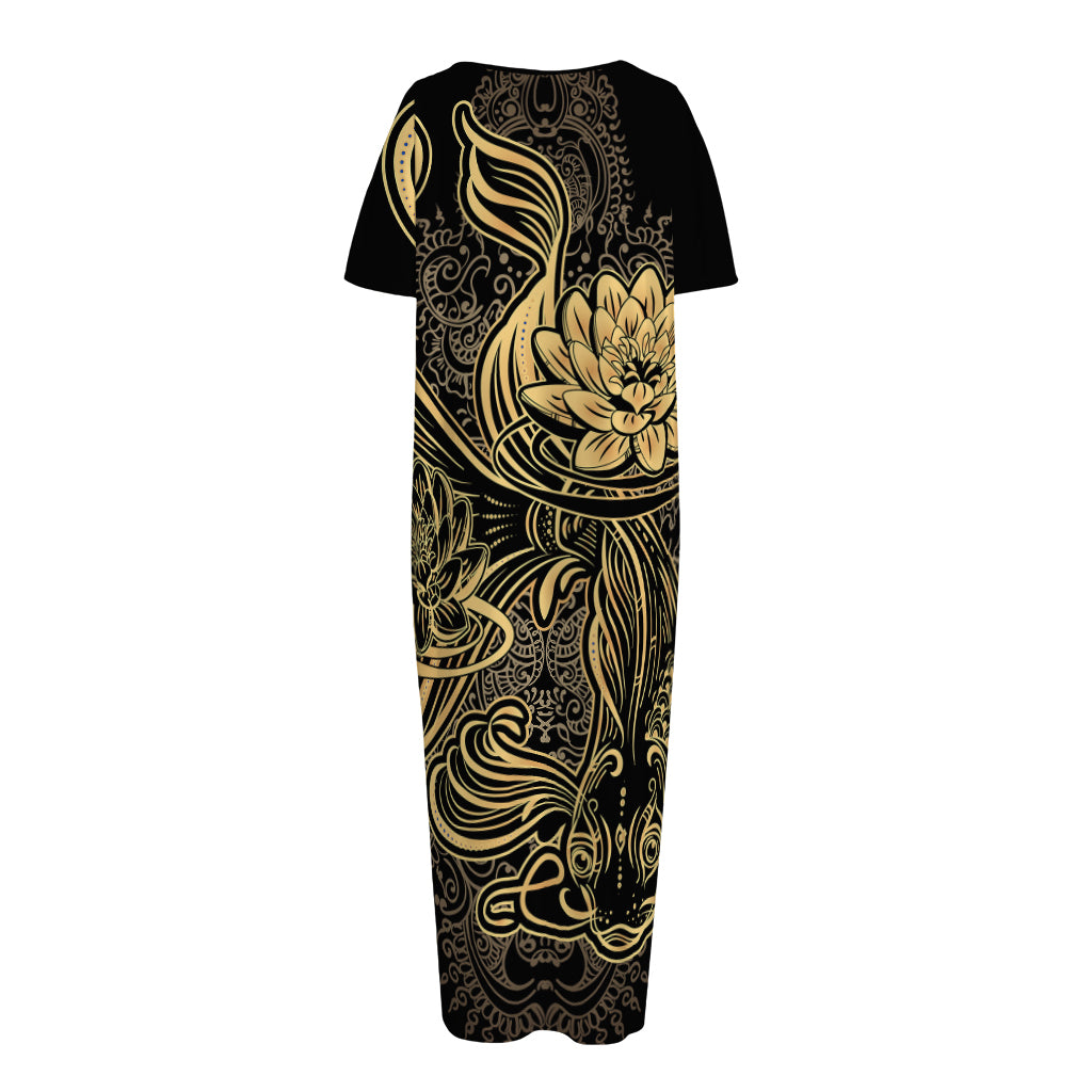 Golden Spiritual Koi Carp Print Short Sleeve Long Nightdress