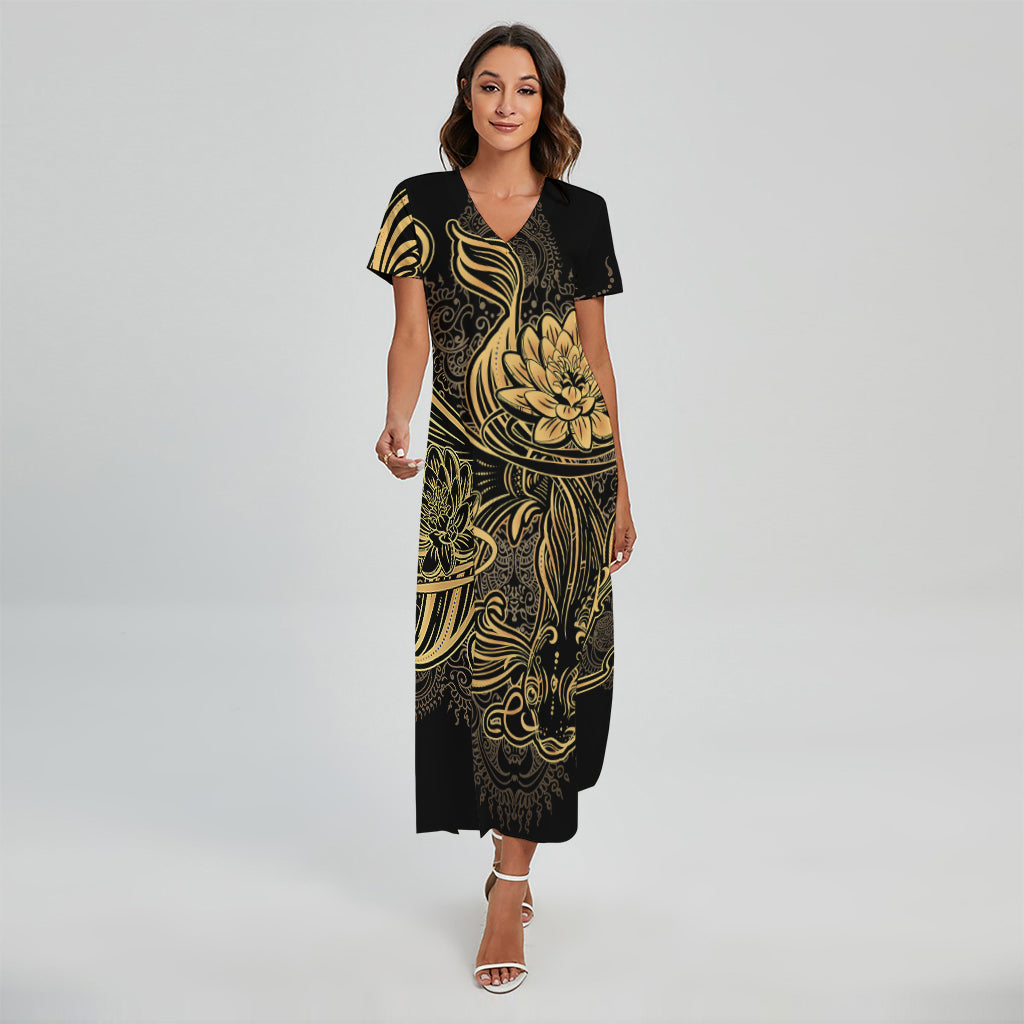 Golden Spiritual Koi Carp Print Short Sleeve Maxi Dress