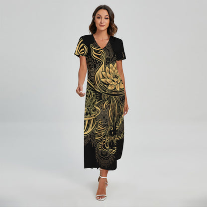Golden Spiritual Koi Carp Print Short Sleeve Maxi Dress