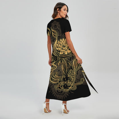 Golden Spiritual Koi Carp Print Short Sleeve Maxi Dress