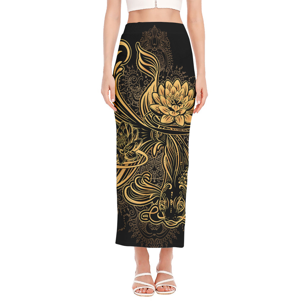 Golden Spiritual Koi Carp Print Side Slit Maxi Skirt
