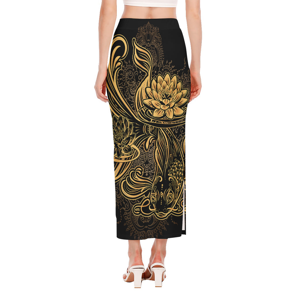 Golden Spiritual Koi Carp Print Side Slit Maxi Skirt